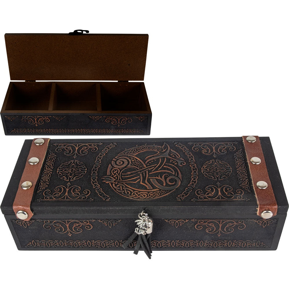 Wood Compartment Box Laser Engraved Celtic Dragon 3.5x9.5x2.5in H