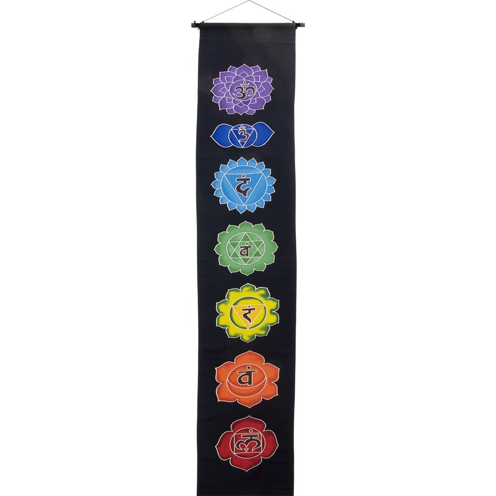 Banner, Black Hand Painted Chakras, Rayon 12"x62"