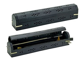 Burner, Black Plain Carved Wooden Box Incense Stick or Cone