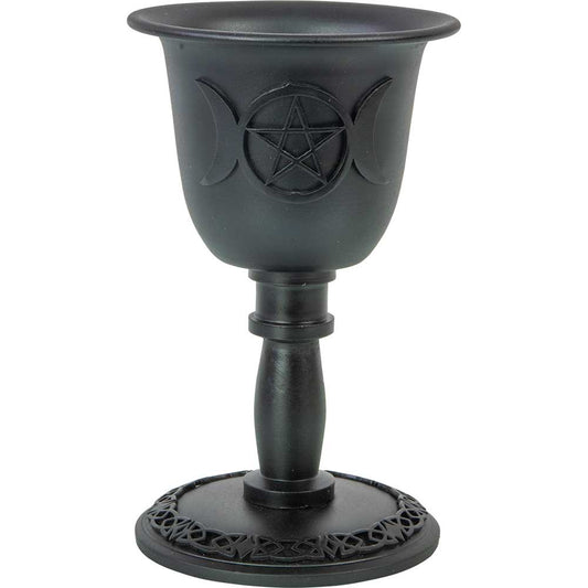 Mini Candle Holder, Metal Chalice, Triple Moon with Pentacle 4IN