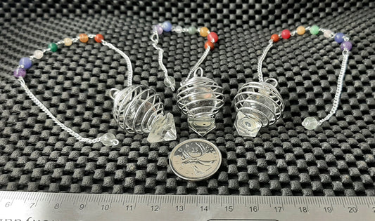 Pendulum, Coil Cage - Silver with attached Clear Quartz Pyramid, includes Clear Quartz Sphere, 30mm-50mm
