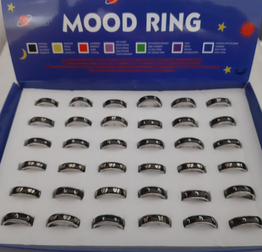 Mood Ring Assorted Bfly/Star/Hrt/Moon Design, Assorted Sizes, Box Set 36pc