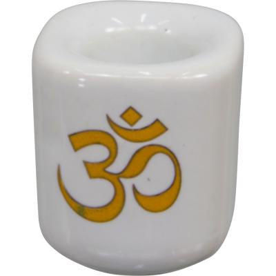 Mini Candle Holder, Ceramic, with Gold OM, White