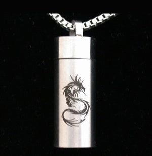 Pendant Vial Dragon Stainless Steel on Cardstock