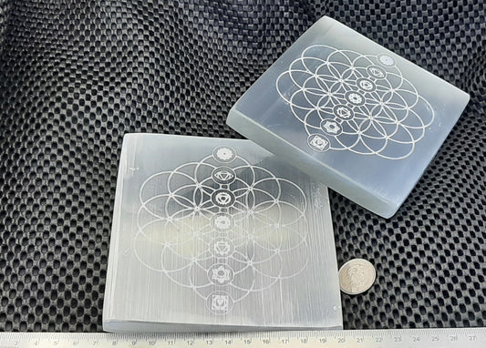 Selenite Charge Plate, 14cm, Square, Flower of Life with Chakra
