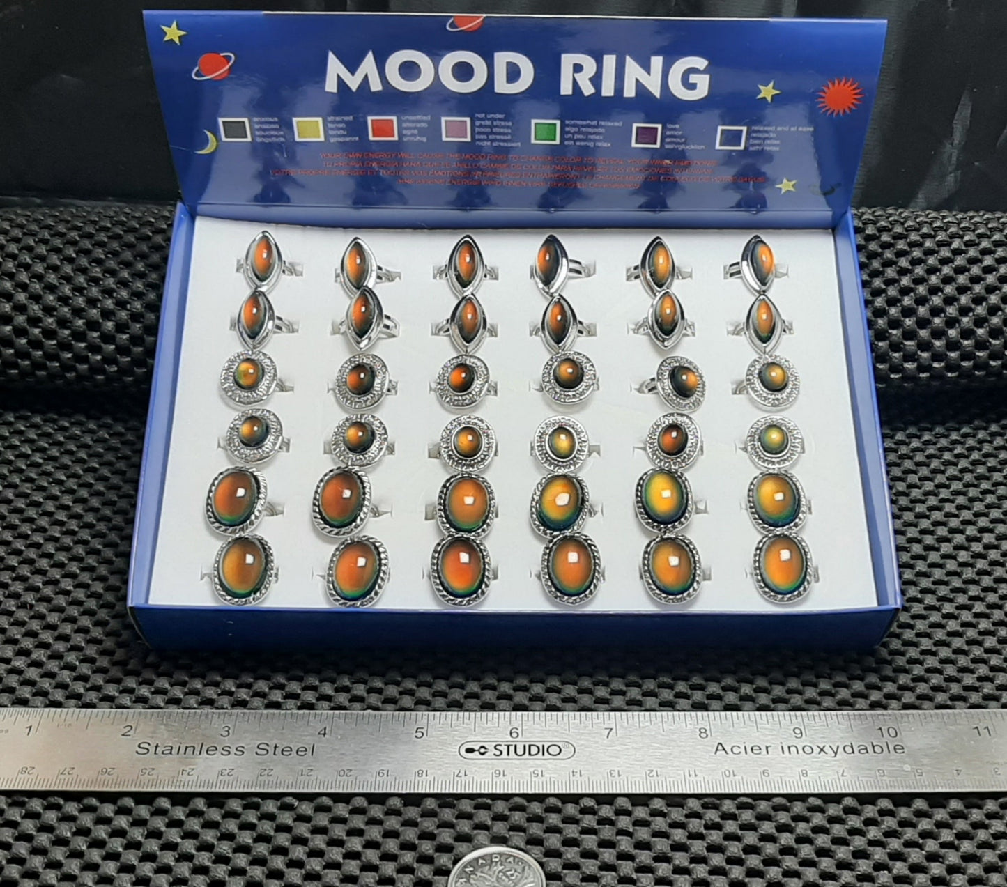 Mood Ring Assorted Oval Shapes Adjustable Size Box Set 36pc