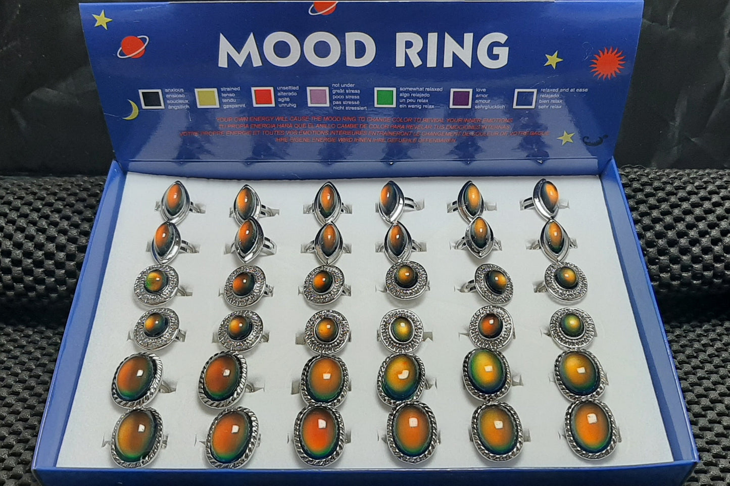 Mood Ring Assorted Oval Shapes Adjustable Size Box Set 36pc