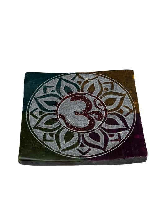 Burner, Stick or Cone Incense, Square Soapstone With Engraved Om In Lotus Multi Colour