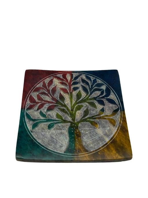 Burner, Stick or Cone Incense, Square Soapstone, Tree of Life, Multi Colour