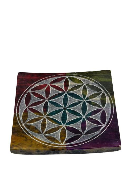 Burner, Stick or Cone Incense, Square Soapstone, Flower of Life, Multi Colour