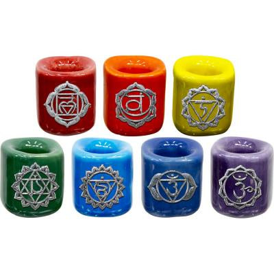 Mini Ceramic Candle Holder, Ritual Size in Chakra Colours with Symbol