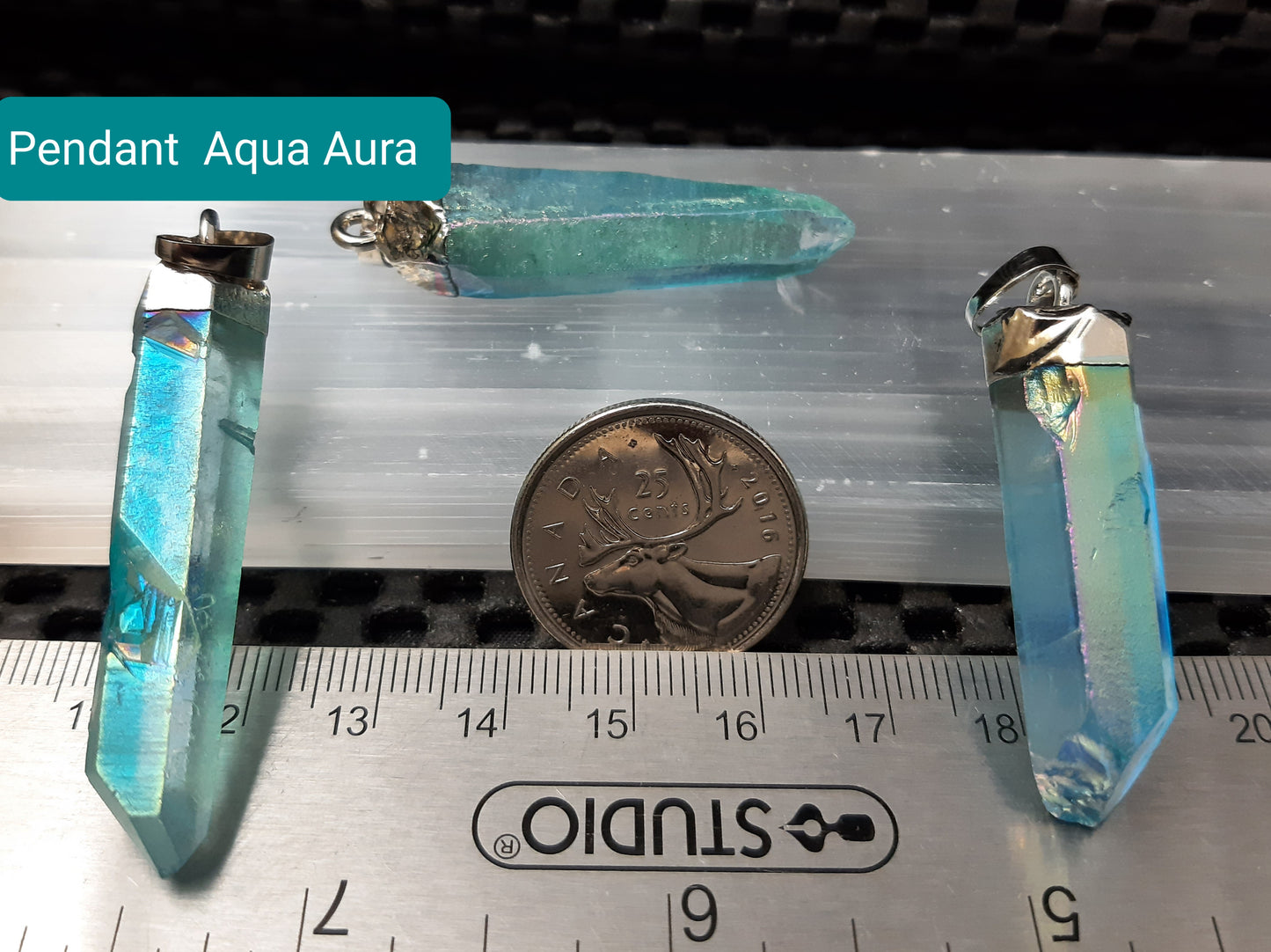 Aqua Aura Plated Crystal Point in Turquoise AB Pendant RETAIL on Cardstock