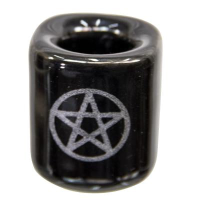 Mini Candle Holder, Ceramic, Black with Silver Pentacle