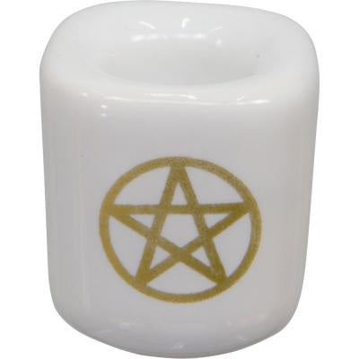 Mini  Candle Holder, Ceramic, with Gold Pentacle, White
