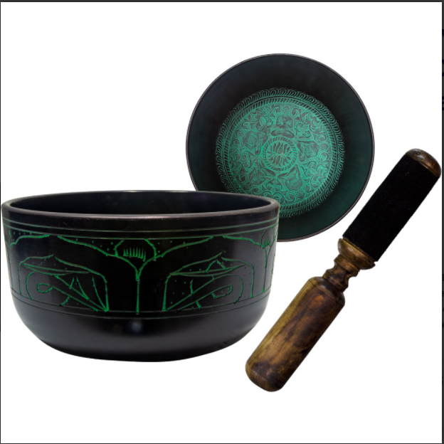 Singing Bowl, 5 Buddhas Green Flat, 7.5"