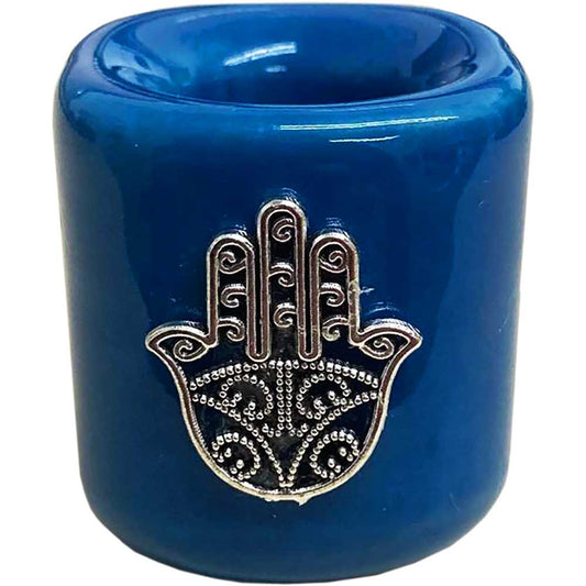 Mini Candle Holder, Ceramic, Hamsa Fatima Hand, Dark Blue