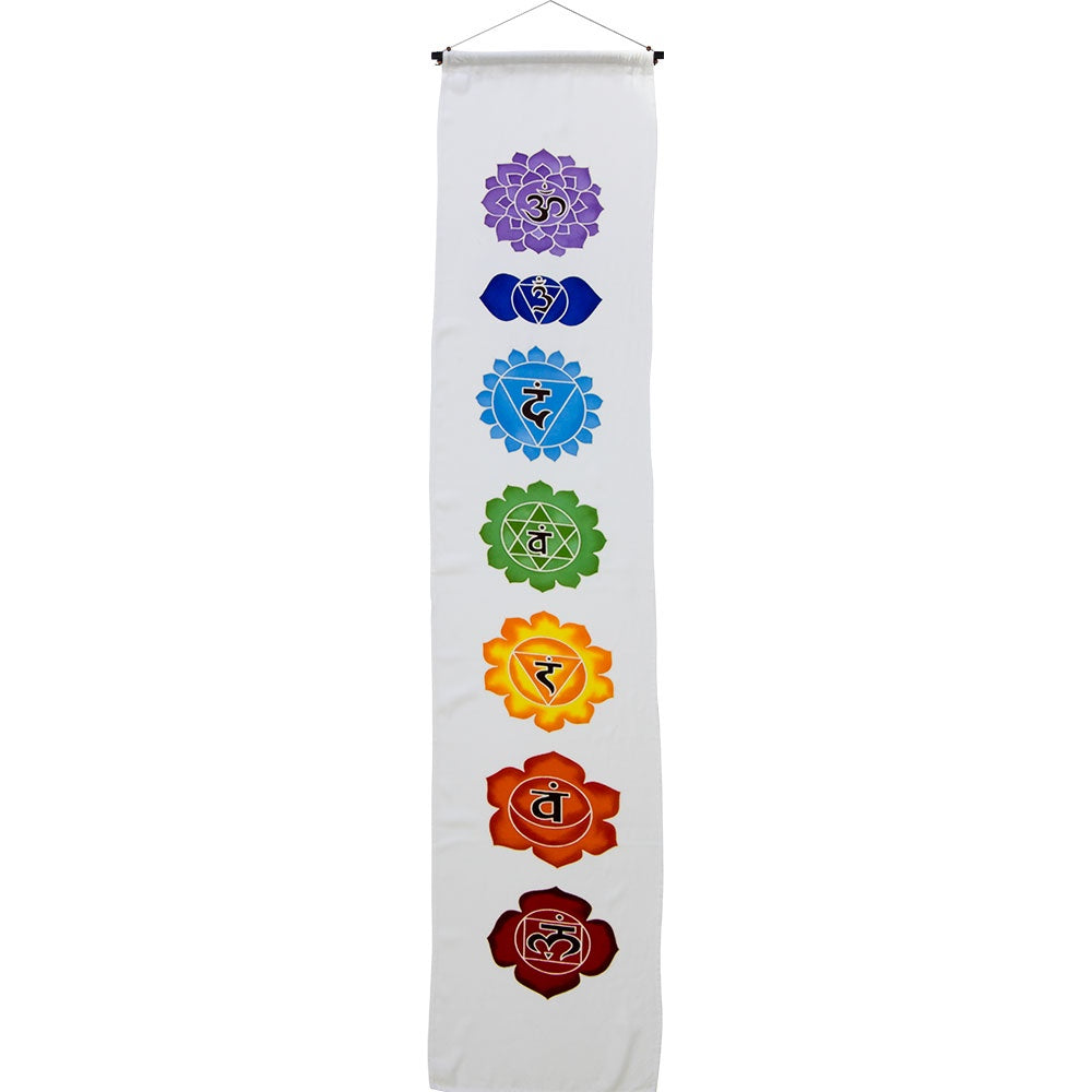 Banner, White Hand Painted Chakras, Rayon 12"x 62"