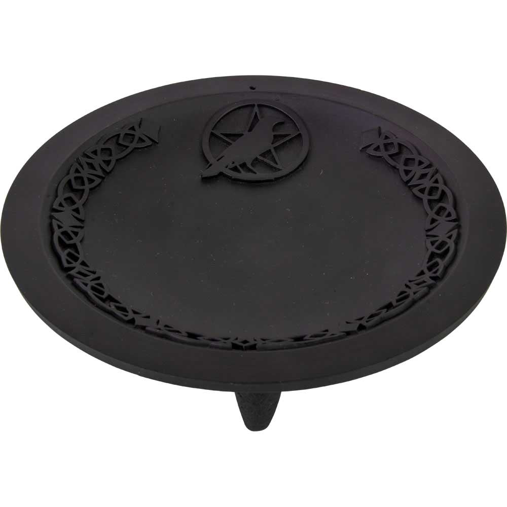 Burner, Cast Iron, Round Incense Holder, Raven and Pentacle 5in diameter