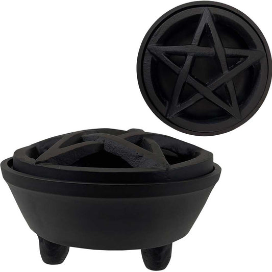 Burner, Cast Iron, Round Incense Holder, Pentacle with Lid 3.5in