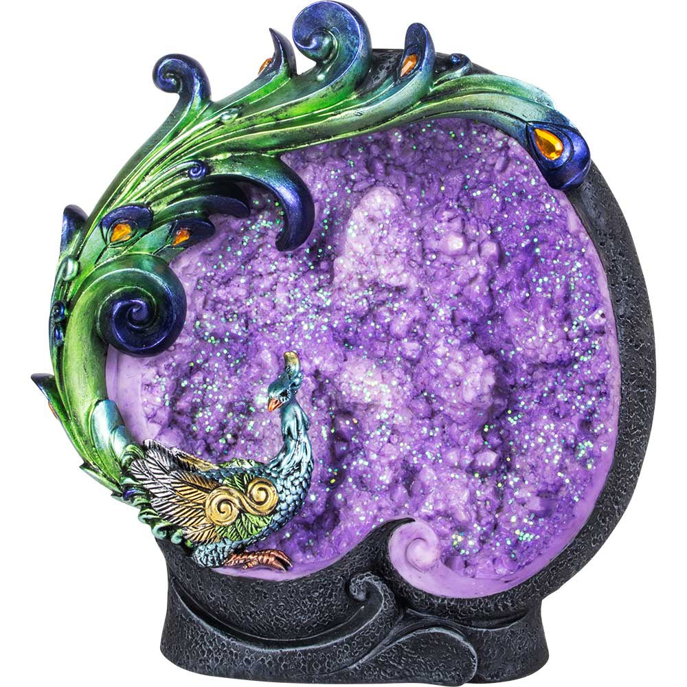 Incense Burner, Stick, Peacock on a Geode, 9"H