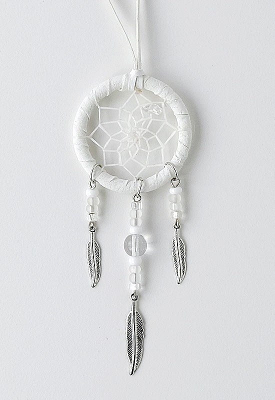 Dreamcatcher, 1.5" White with Metal Feathers, semi precious stone