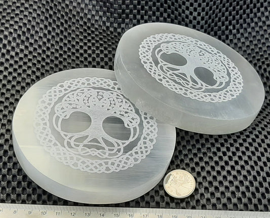 Selenite Charge Plate, 14cm, Circle, Celtic Tree