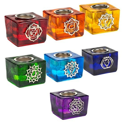 Mini Glass Candle Holder, Chakra Colours, Assorted