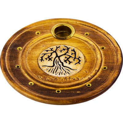 Incense Burner, Cone/Stick, Wood Round Tree of Life, 4"