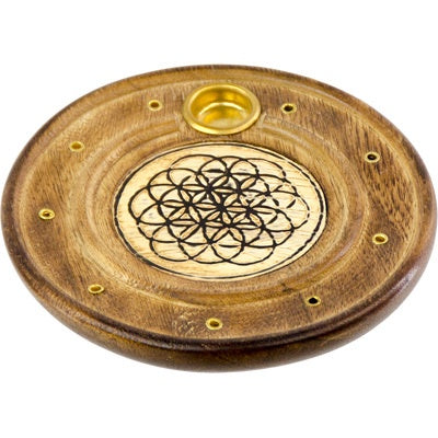 Incense Burner, Cone/Stick, Wood Round, Flower of Life, 4"