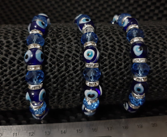 Evil Eye 10mm Glass Bead Bracelet, Light Blue - WS